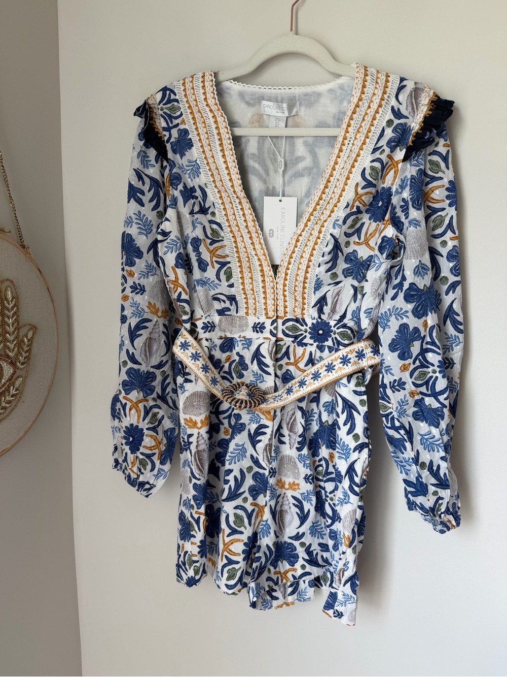Caroline Constas blue Mediterranean romper with beaded belt